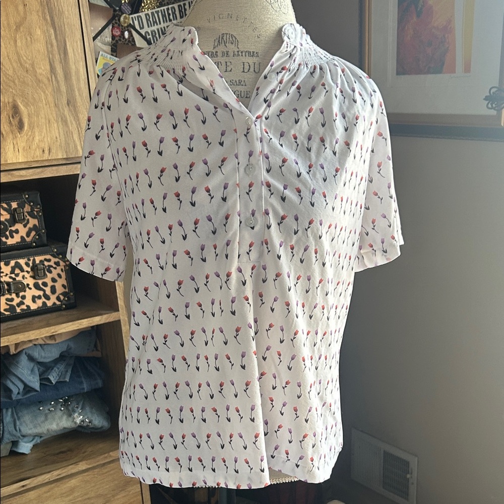 Trissi White Blouse with Floral Tulip Print - Medium